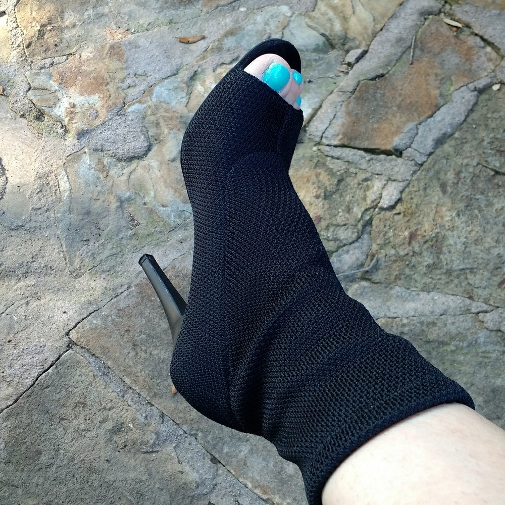 Black peep toe sock heels / boot